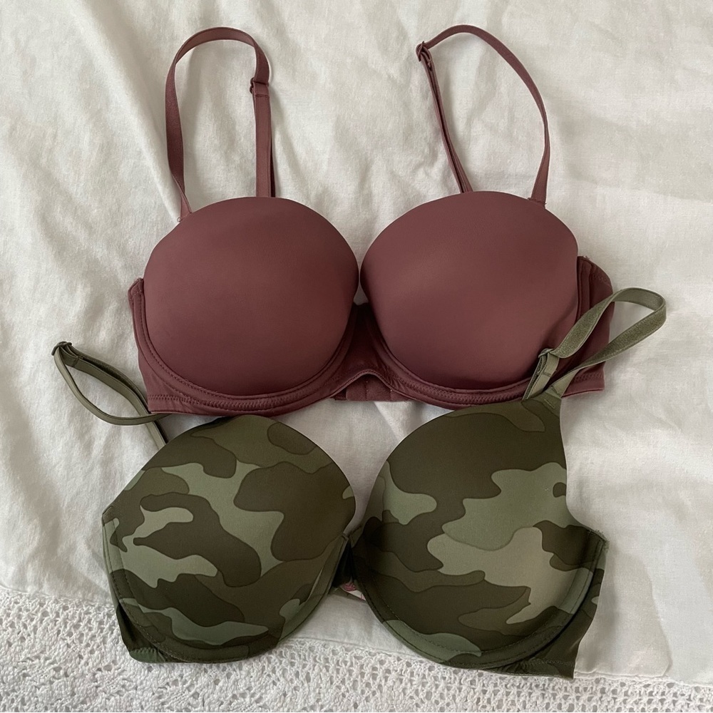 LOT 2 PINK 32D wear everywhere push-up bra in smooth earthy camo burgundy red